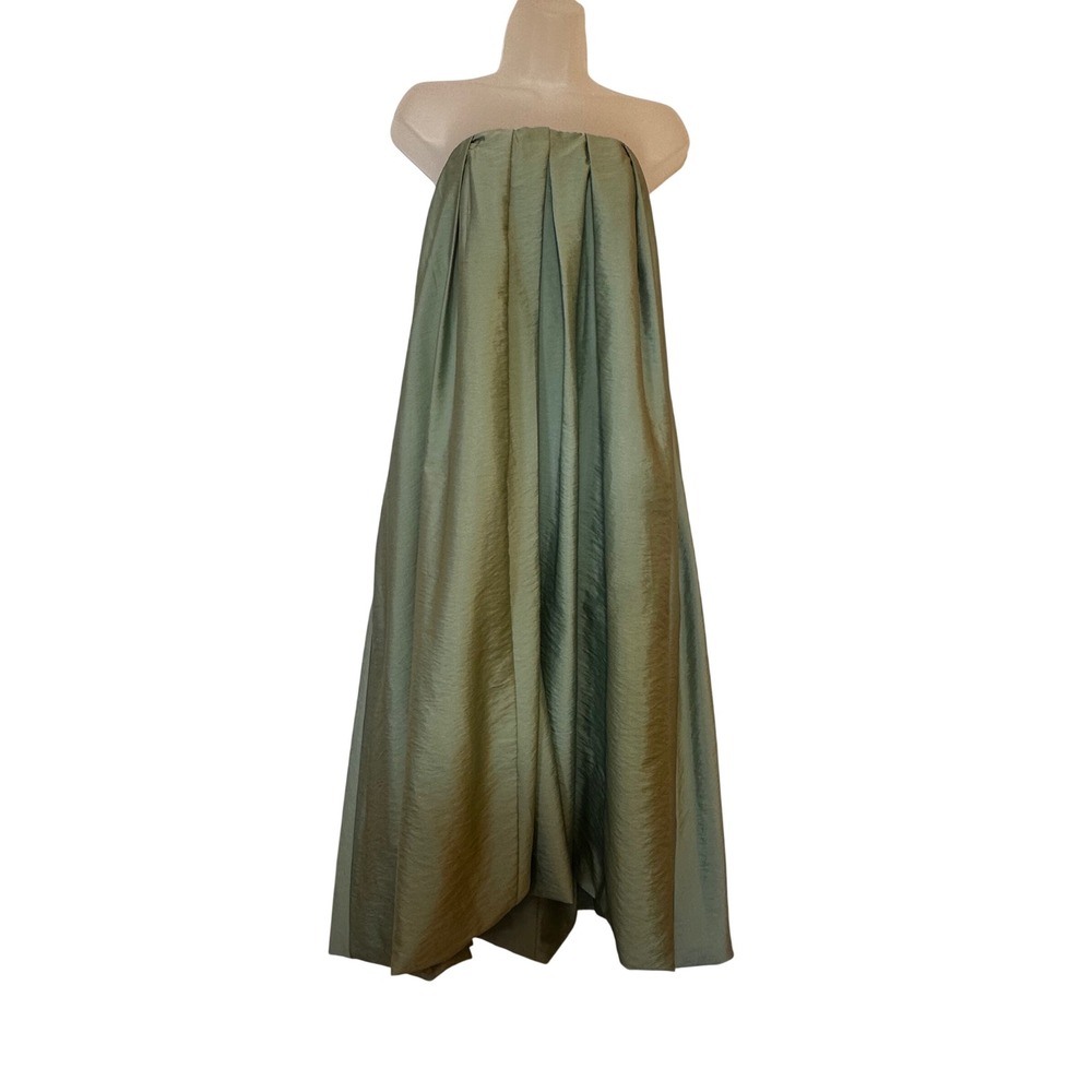 Zara Women Sage Green Strapless Bubble Taffeta Maxi Dress Pockets Size L